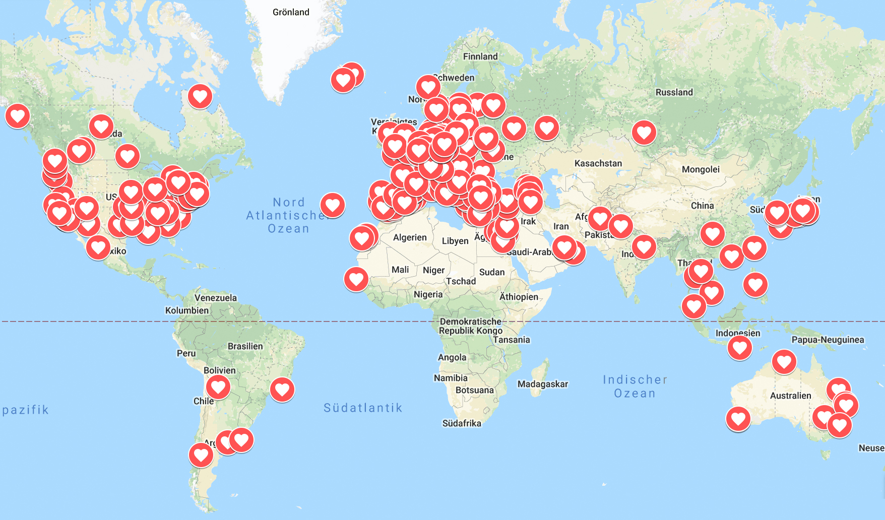 Eine Weltkarte mit vielen Herzen weltweit. Orte, die am Wettbewerb teilgenommen haben.